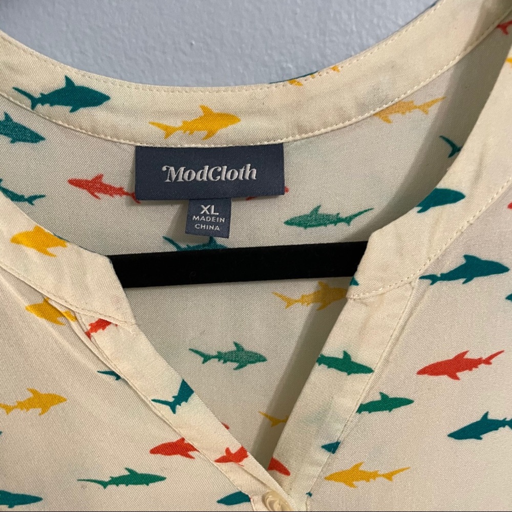 Modcloth Cream Blouse with Teal, Red, and Yellow Shark Print - Picture 3 of 4
